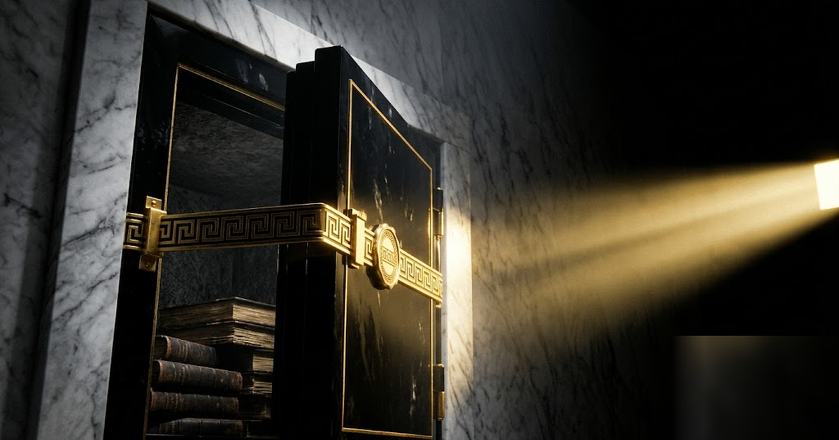 An obsidian vault sealed with a golden Greek-key band, full ledgers stacked safely within, a beam of light proving the door is shut, cinematic depth, no text, no people, frameless, no watermark