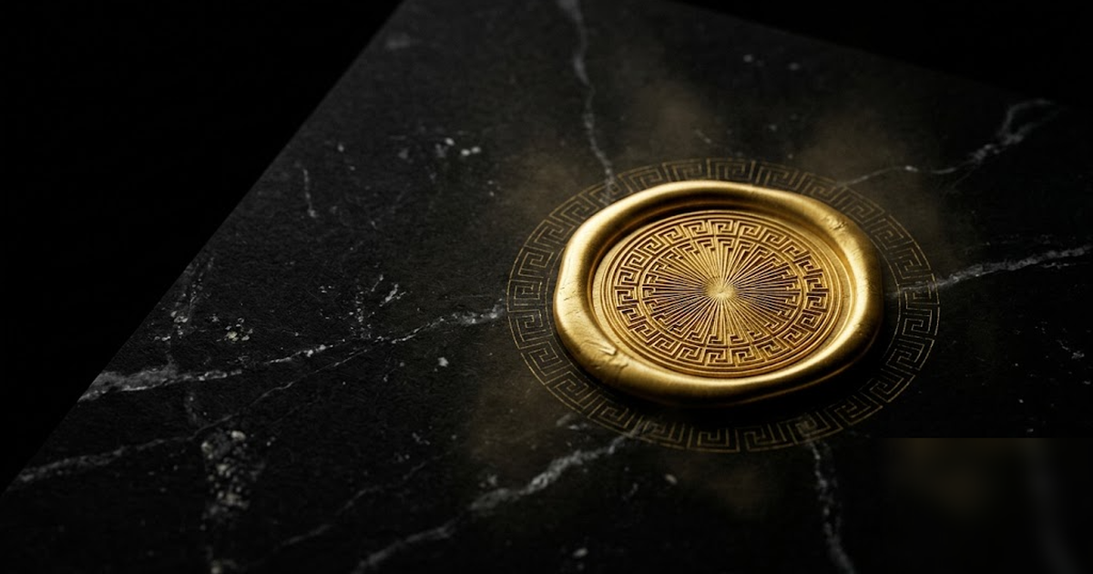 A golden wax signature seal pressed into a black marble working paper, fine meander pattern radiating outward to signify a signed audit record, cinematic macro light, void-black, no text, no UI, frame