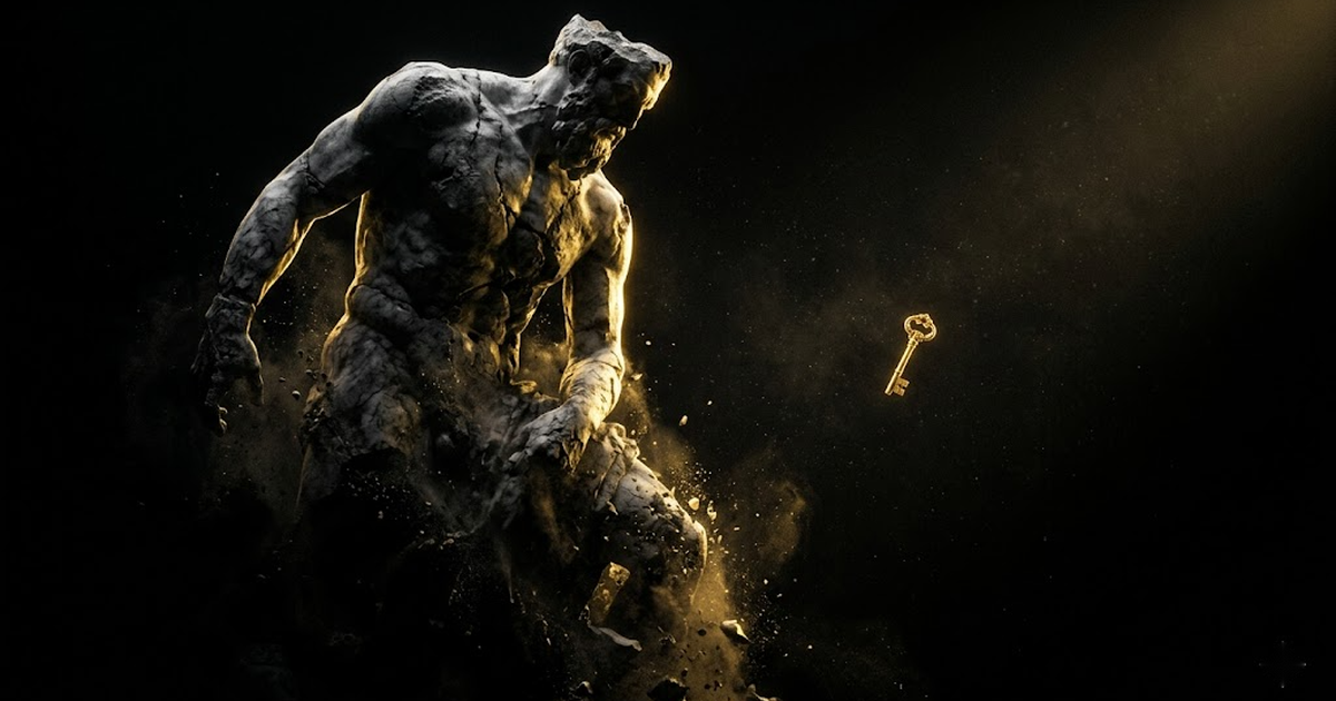 A colossal marble titan dissolving into shadow against a void black sky, a single golden key suspended in deep negative space