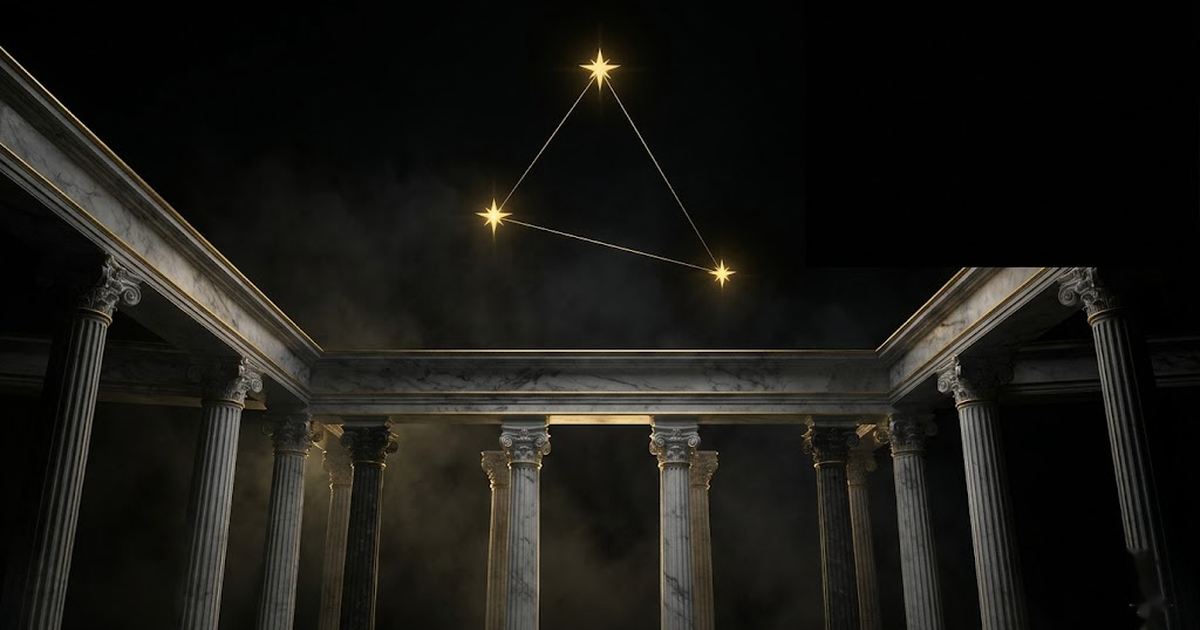 Three golden constellations forming a triangle of stars over a dark marble pantheon, rim lit, deep cosmic negative space