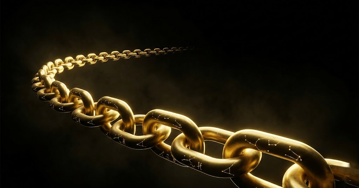 A long chain of golden links extending into infinite void, each link inscribed with faint constellation patterns, chiaroscuro lighting