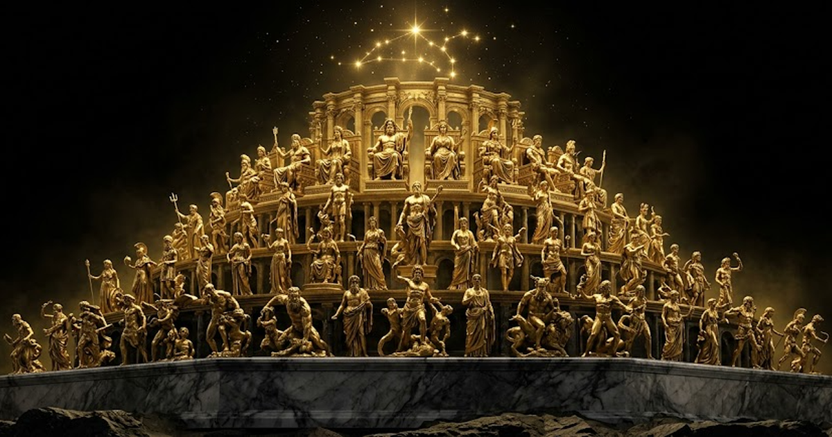 A vast pantheon of golden gods rising from marble foundations under a constellation of light, the whole structure standing on solid bedrock against void black