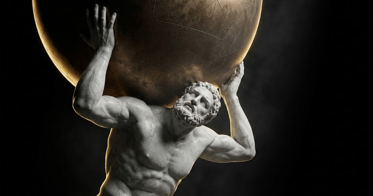 A carved marble Atlas straining under a vast bronze sphere, gold rim light raking across his shoulders against pure black