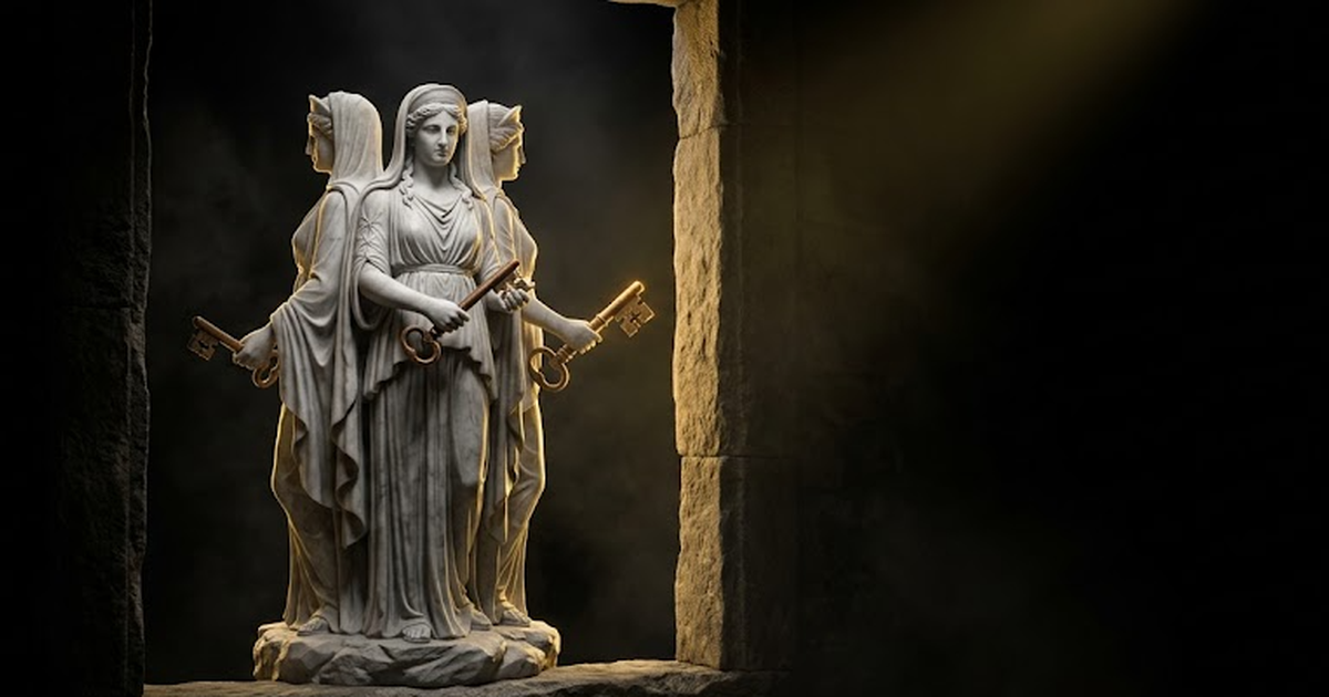Marble Hecate standing at a threshold holding two bronze keys, gold light catching the keys against deep void black