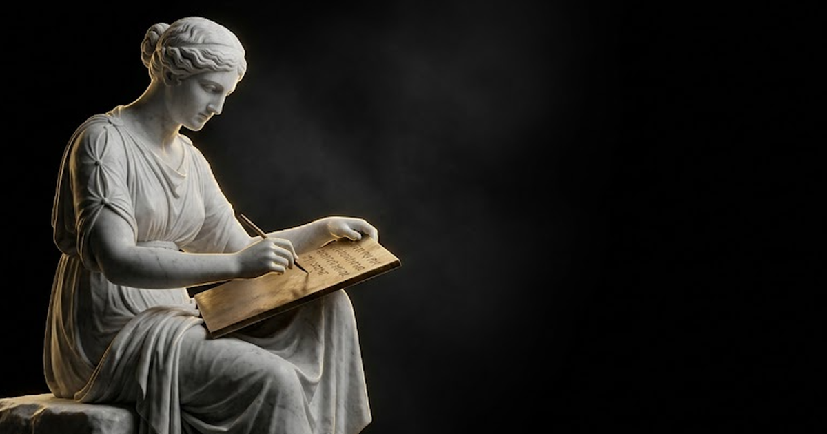Marble Mnemosyne inscribing a bronze tablet, every stroke catching hard gold rim light against pure black negative space