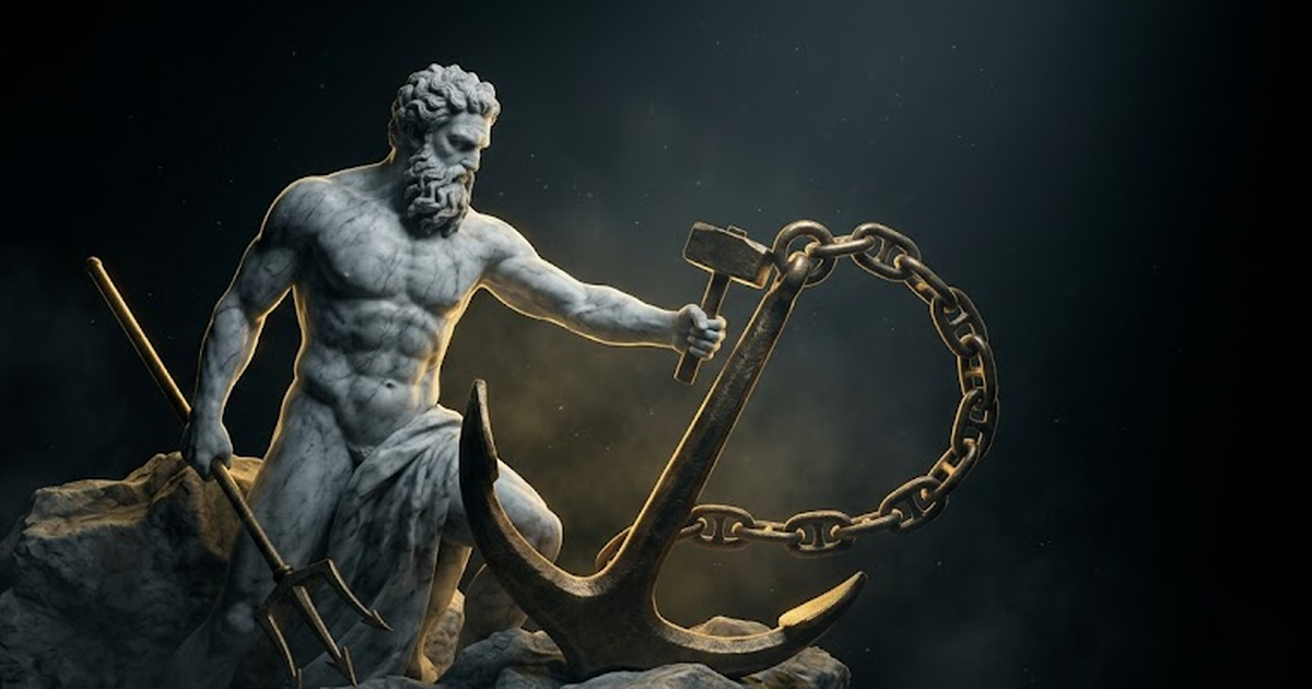 Marble Poseidon driving a bronze anchor into stone beneath a still sea, gold light tracing the chain against black