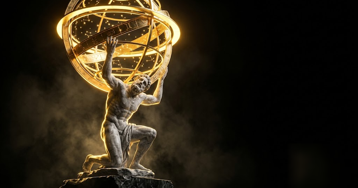 Atlas the Titan bearing a glowing golden armillary sphere of the cosmos on his shoulders, marble on void black