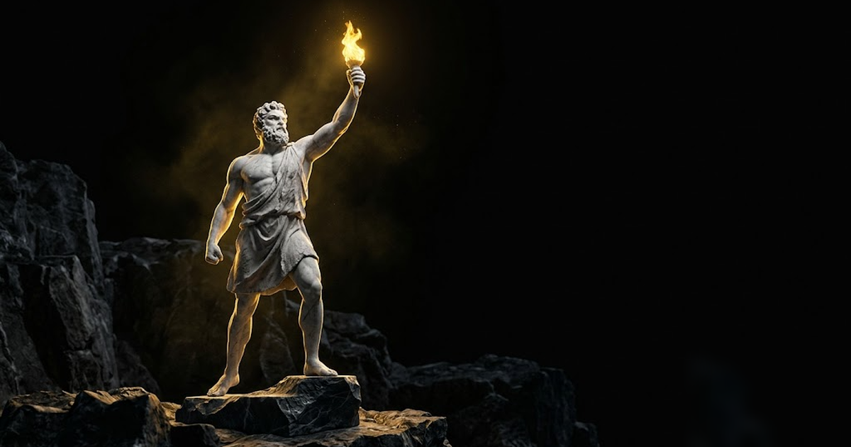 Prometheus the marble Titan holding aloft a single gold flame against a void black sky