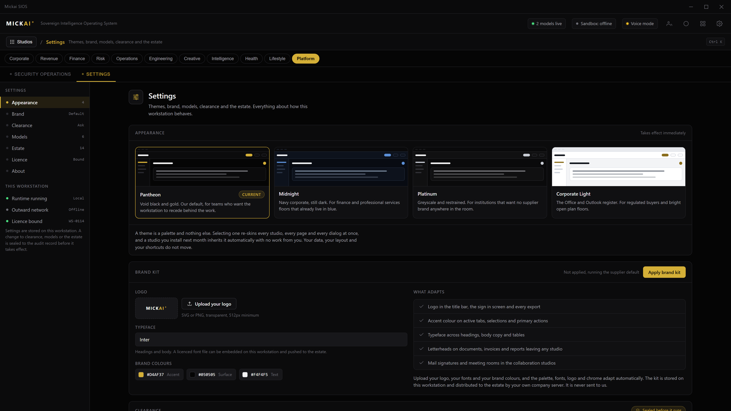 The Settings screen, where a theme or a customer's own brand re-skins the whole operating system at once.