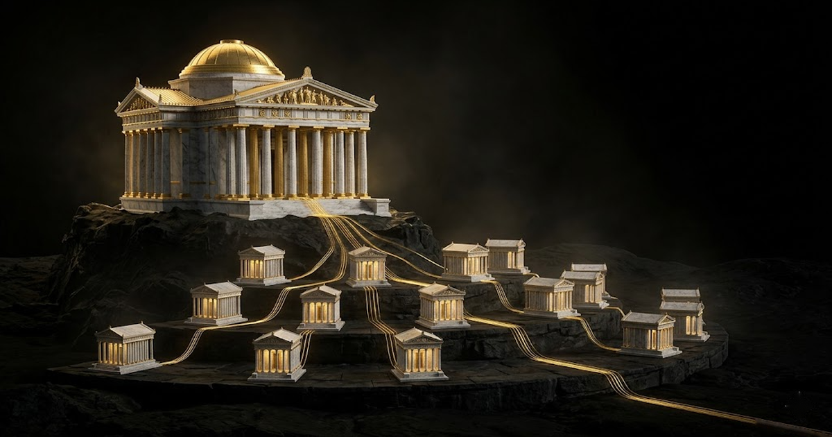 A central golden marble temple on bedrock fed by fifteen smaller tributary shrines, golden channels flowing upward into it against a void-black background.