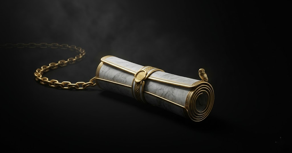 A marble and gold scroll bound by an unbroken chain of identical links receding into darkness, with a small golden owl watching from the edge of the light.