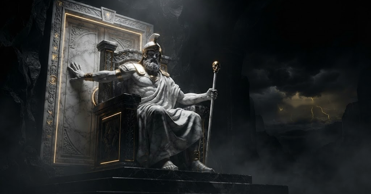 A colossal marble statue of Hades seated on a throne holding a sealed vault door closed, lit by gold light against black