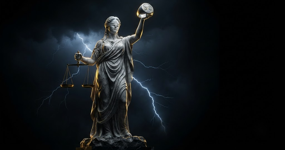 A colossal marble statue of Themis holding balanced scales and a signet, illuminated by gold light against a black void