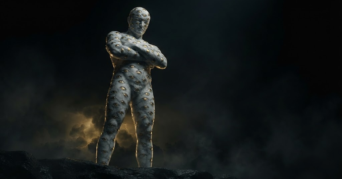 A colossal marble statue of Argus covered in watchful eyes standing guard, lit by gold light against black