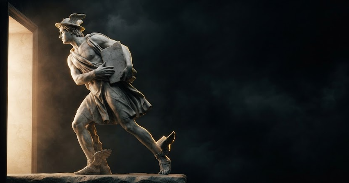 A colossal marble statue of Hermes mid-stride carrying a sealed tablet inward rather than away, lit by gold against black