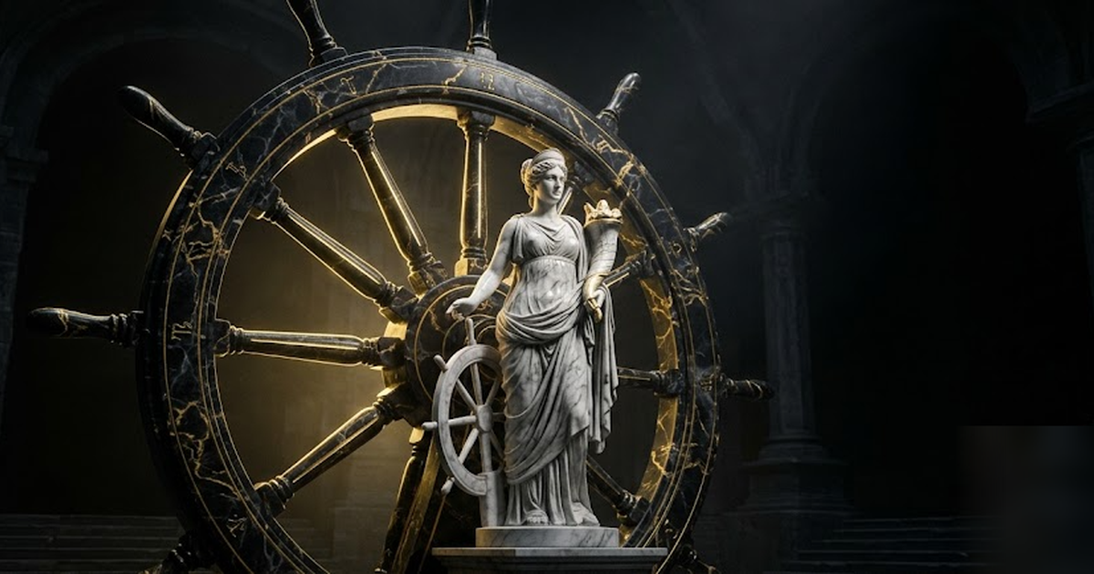 Cinematic wide shot of Tyche, Greek goddess of fortune, standing before a vast ship's wheel of polished void-black marble veined with satin gold, the spokes glowing faintly like measured probabilities