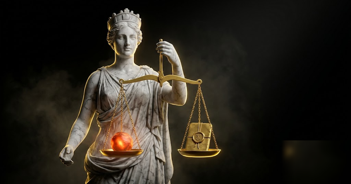Tyche holding a balanced golden scale carved from black marble, one pan holding a glowing risk-ember, the other a sealed gold tablet, dramatic chiaroscuro lighting, void-black and satin-gold palette, 