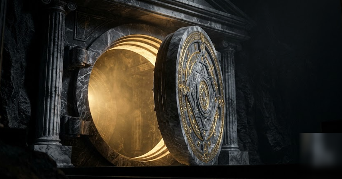 A colossal marble vault door of black stone inlaid with golden actuarial sigils, half open to reveal warm gold light within, sovereign and impregnable, cinematic Greek pantheon style, no text, no peop