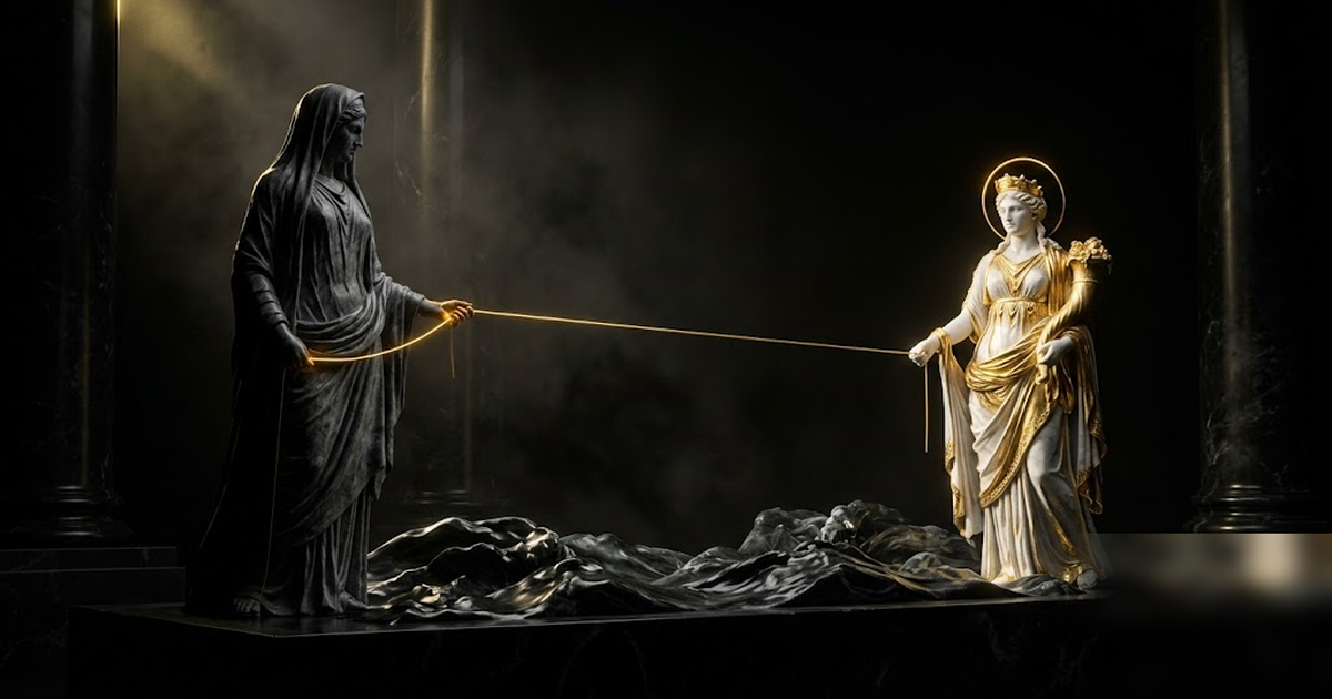 The goddess Nemesis in shadow beside Tyche, a golden thread of justice drawn taut between their hands over a dark sea of claims, void-black marble and satin gold, cinematic, no text, no charts, no wat
