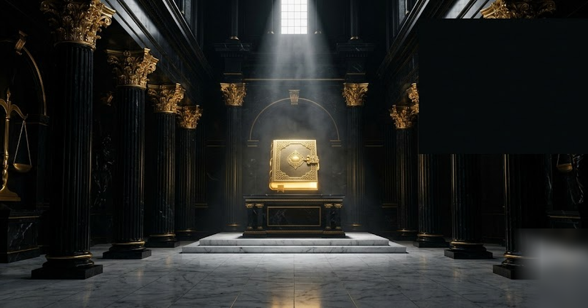 An obsidian temple of underwriting, columns of black marble crowned with gold capitals, a single sealed golden ledger glowing on a central altar under a shaft of light, no people in offices, no UI, fr