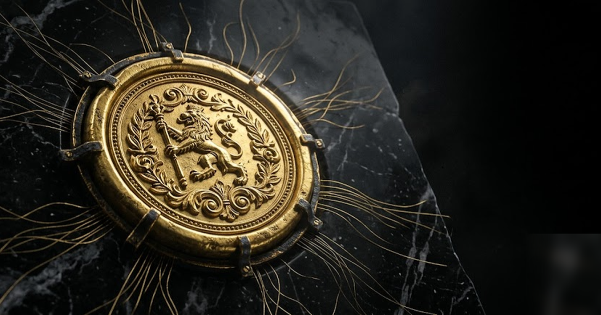 Close cinematic study of a hardware-bound golden seal pressed into black marble, a signet of sovereign identity radiating fine gold filaments, void-black background, satin-gold accents, no text, no wa