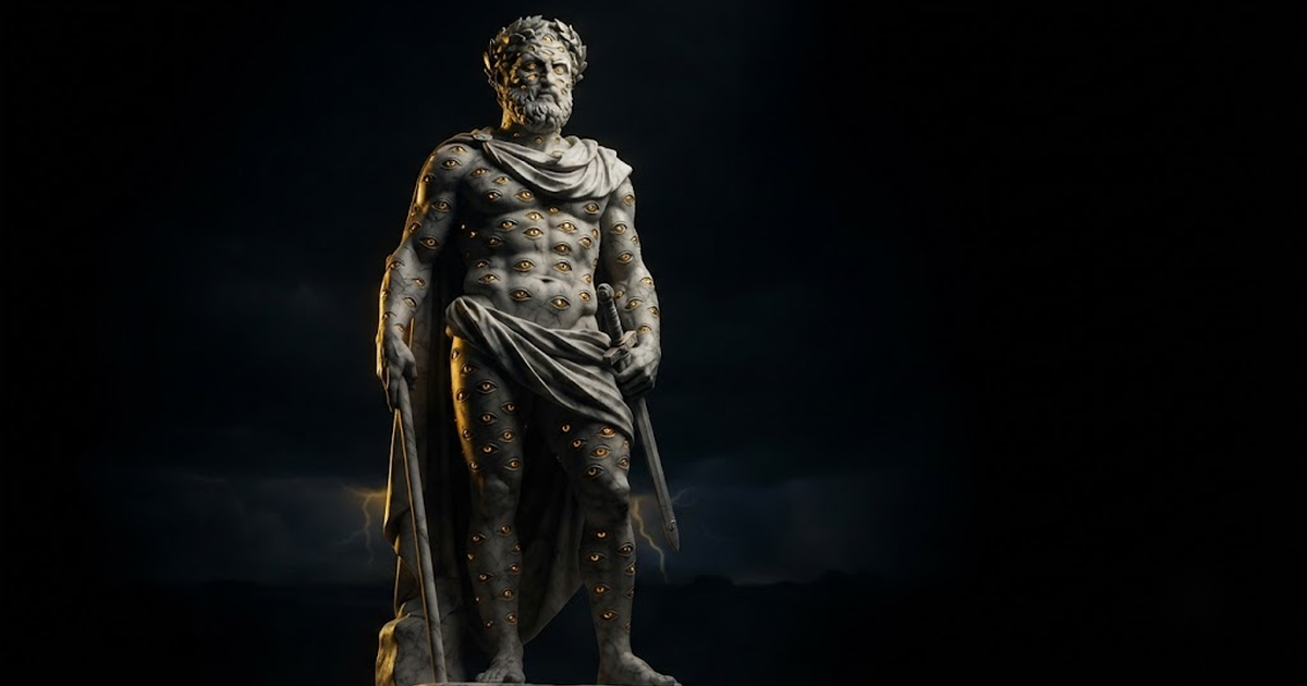 A colossal marble statue of the many eyed watcher Argus Panoptes emerging from darkness, gold light glinting across countless carved eyes