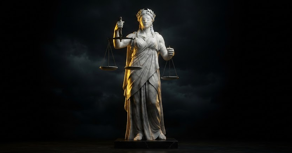 A towering marble statue of Themis the titaness of order holding level scales in the dark, gold light along the polished stone