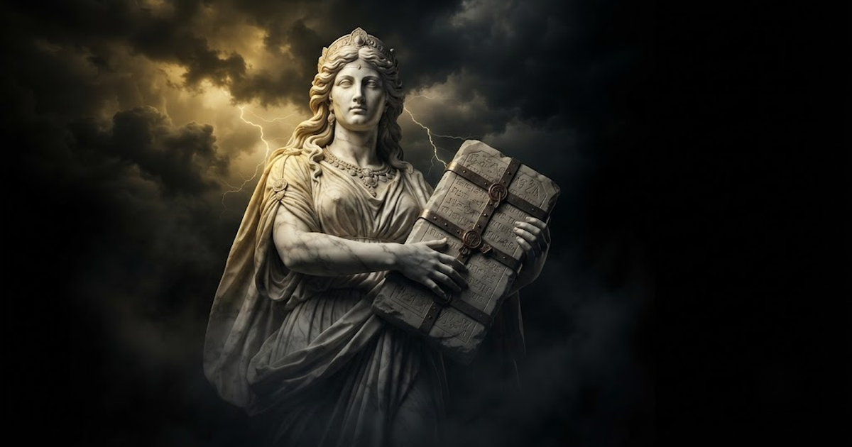 A monumental marble statue of Mnemosyne the goddess of memory with an open sealed tablet, gold light across her calm carved face