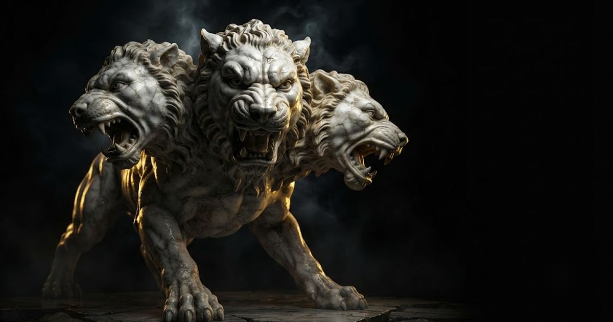 A vast marble statue of the three headed guardian Cerberus carved in stone, gold light catching along its bared jaws in the dark