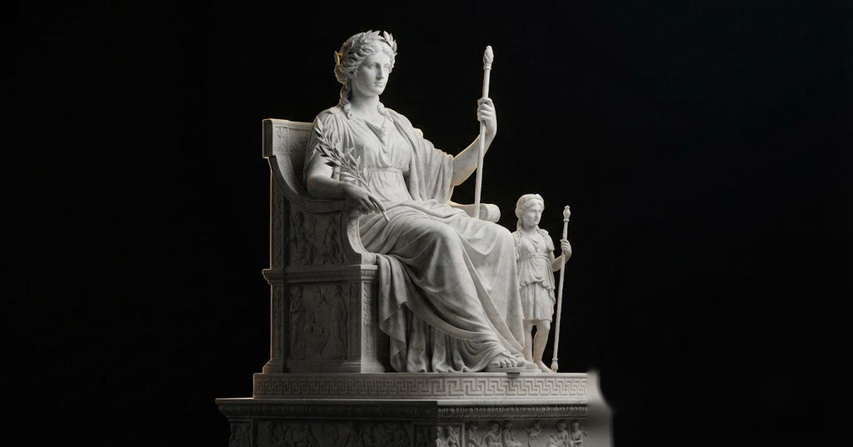 Classical marble scene, Eunomia, gold rim light on void black