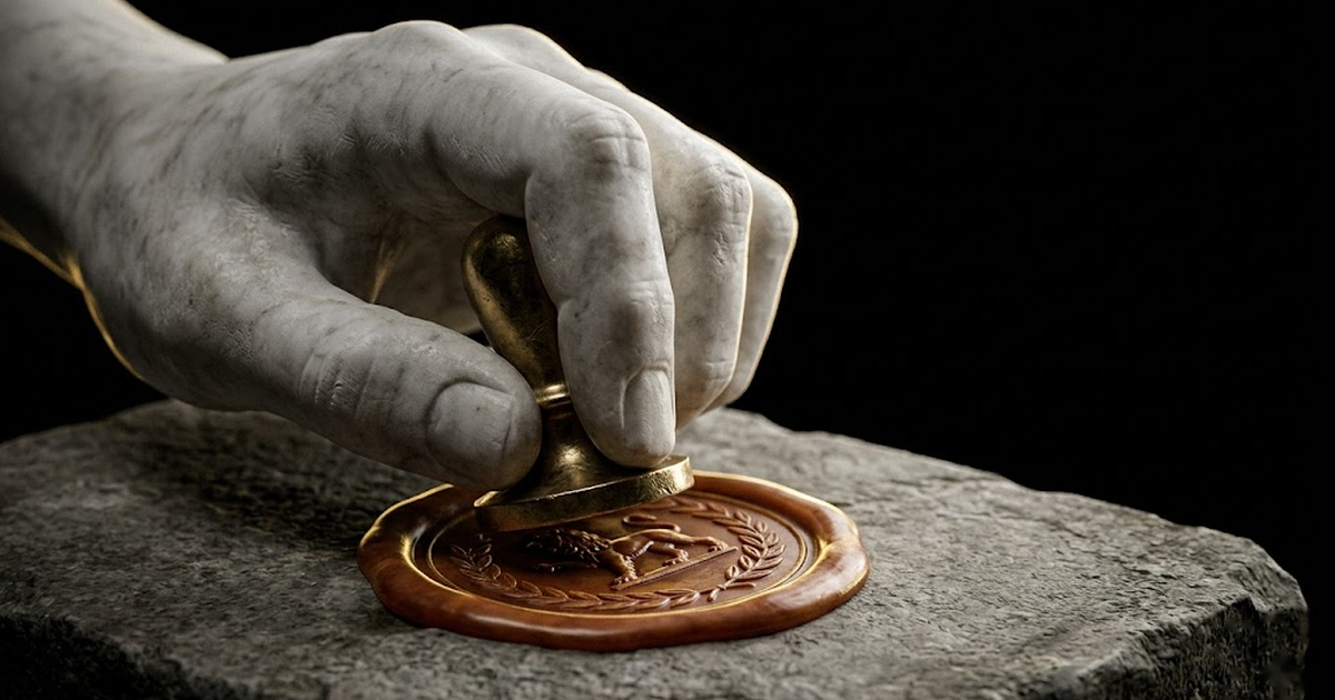 A marble hand pressing a wax seal onto a stone tablet, lit by a single gold rim light against black, evoking a record committed before the act.