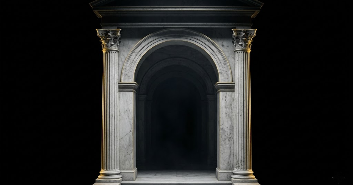 A gold-lit classical marble archway opening onto darkness, the threshold visible but the interior unknown, against a void black background.