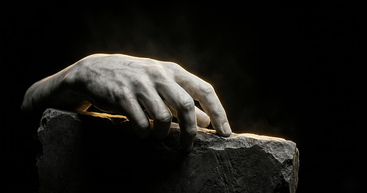 A marble hand resting on the edge of a blank carved stone tablet, lit by a single gold rim light against black, evoking a record committed before the act.