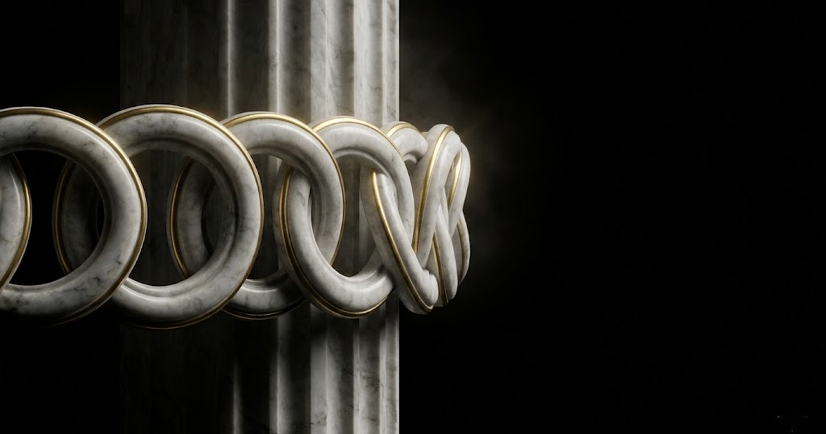 A carved marble chain of interlocking stone links emerging from a classical column, gold-rimmed against black, symbolising a hash-chained append-only record.