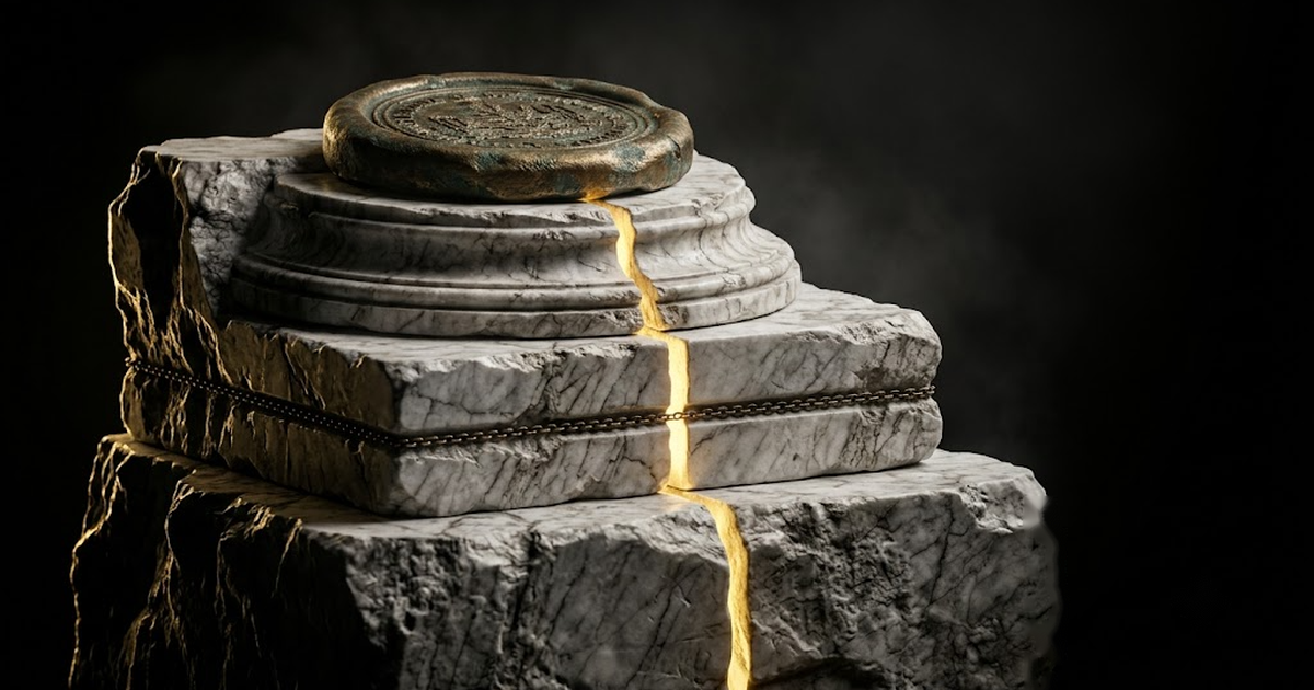 Three stacked translucent strata of light, sealing then anchoring then grounding, rendered as a cross section of a single architecture.
