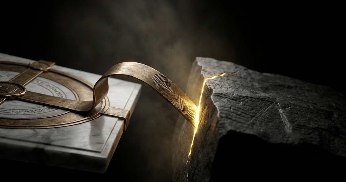 A small cryptographic fingerprint of light being committed into the Bitcoin ledger, depicted as a fingerprint pressed into stone, no coins moving.