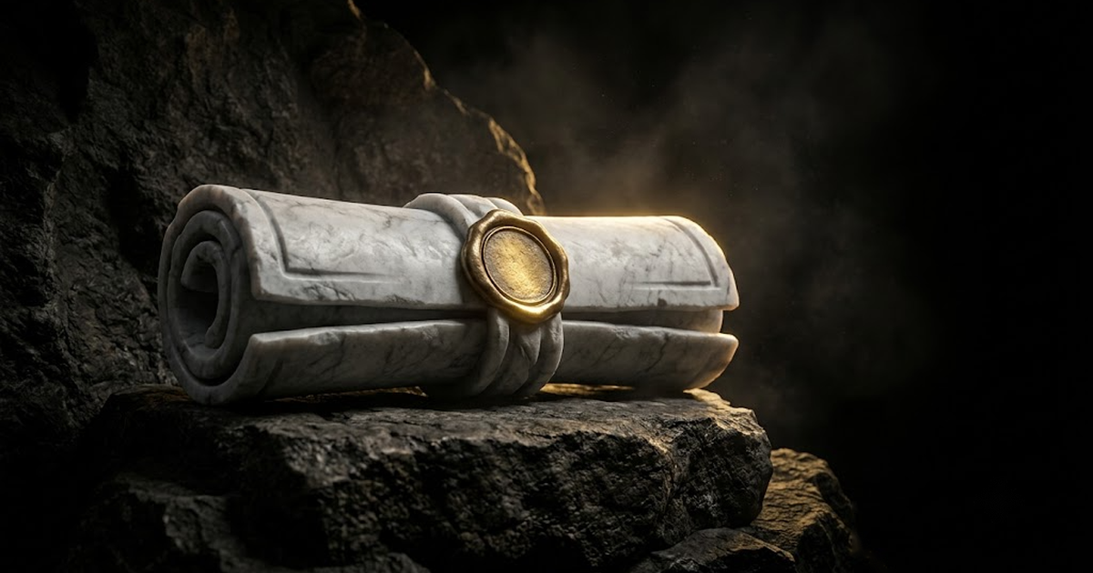 A mortgage decision rendered as a sealed scroll with a glowing wax seal, a timestamp anchored beneath it like a foundation stone.