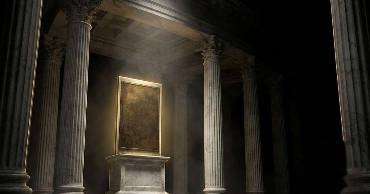 A vast hall of obligation, columns inscribed with audit, disclosure and regulation, a single verifiable record glowing at its centre.