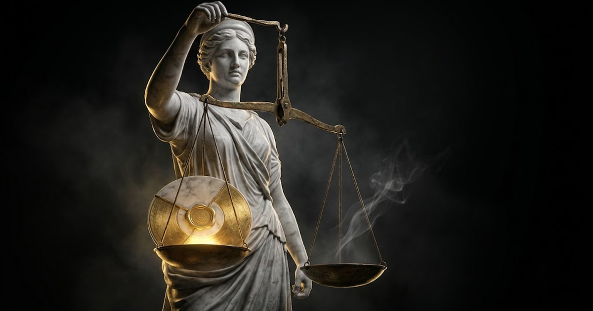 A balanced scale where one pan holds a glowing sealed record and the other holds a faded speech bubble, the record clearly heavier.