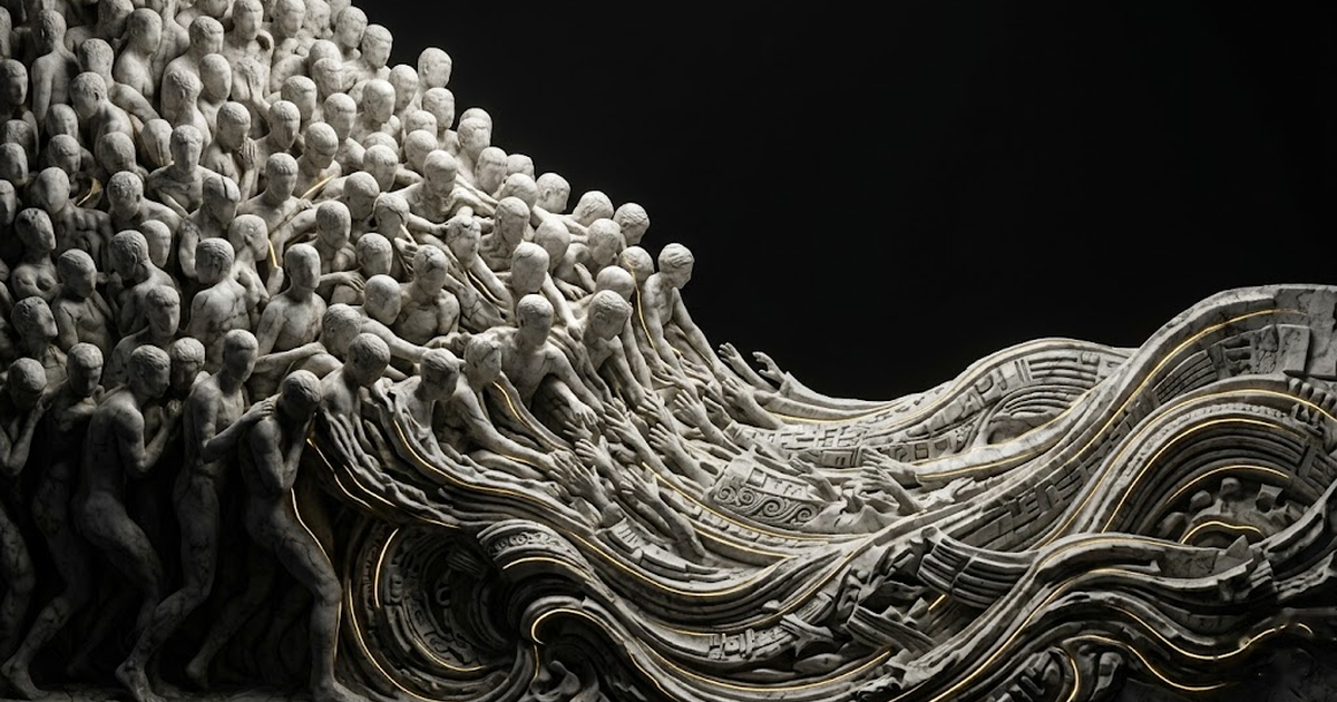 Marble relief of a crowd of figures dissolving into a flowing stream, lit by thin gold seams against black