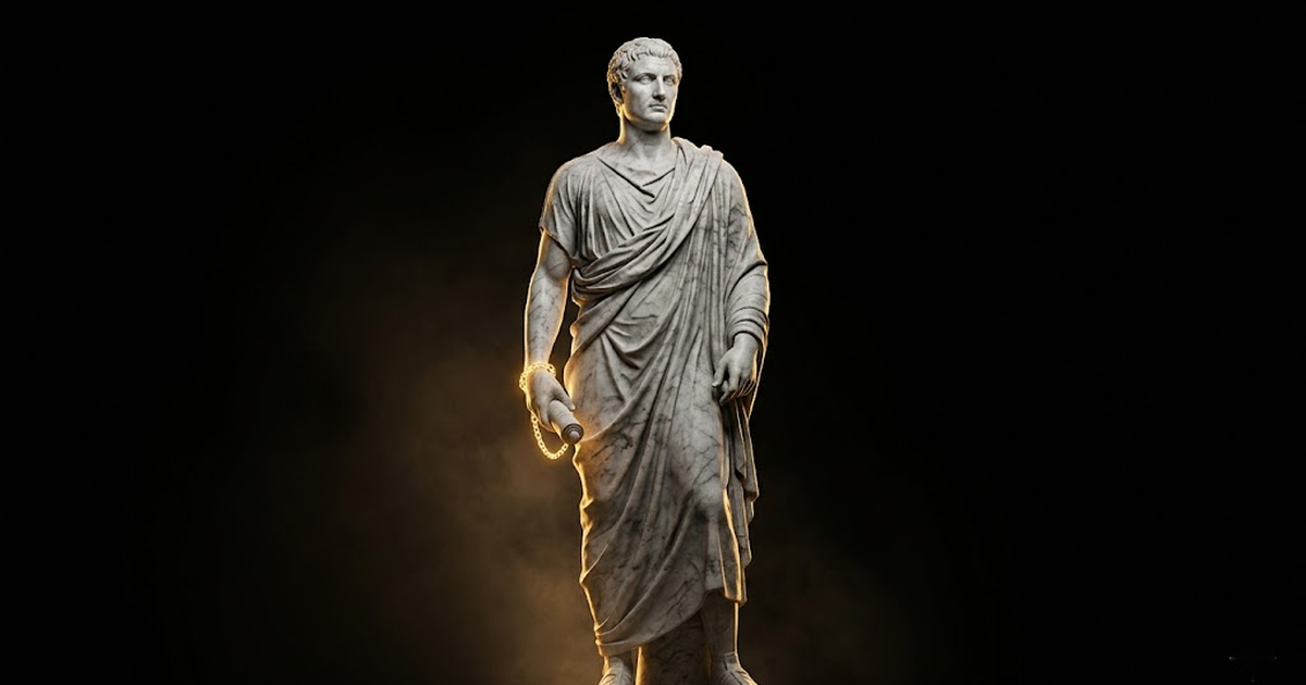 Lone marble figure holding a sealed tablet etched with a chain of glowing gold links against black