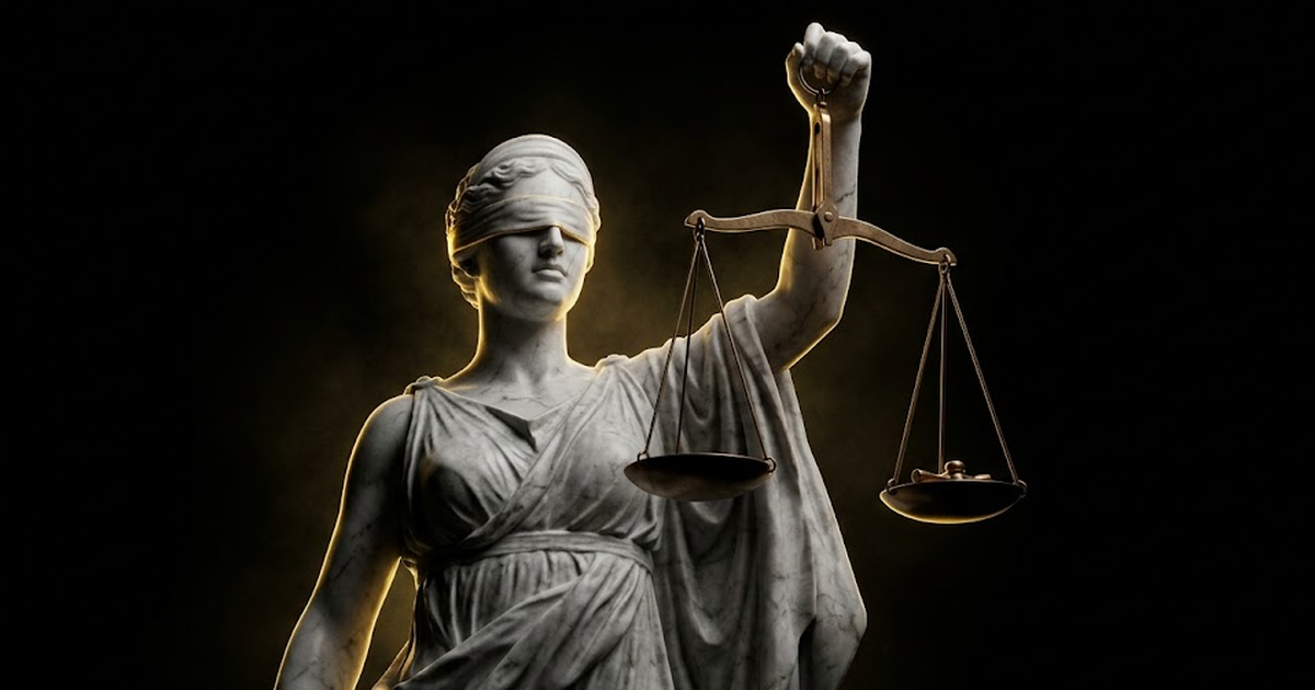 A marble statue of Themis holding scales, one pan empty, illuminated by hard gold rim light against void black