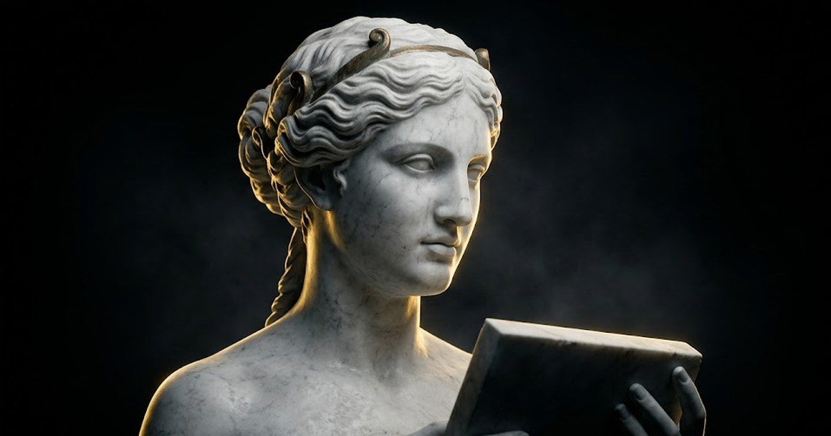 A marble bust of Mnemosyne lit by gold rim light, a single carved tablet held in shadow, deep void-black negative space