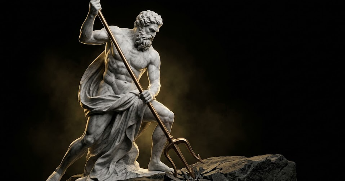 A colossal marble Poseidon driving a trident into stone bedrock, gold light raking across the carved muscle, void-black surround