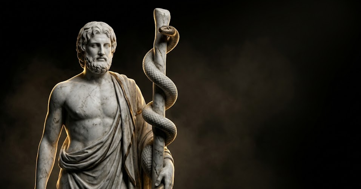 A marble Asclepius figure beside a coiled serpent staff, single gold rim light, clinical calm against deep void black