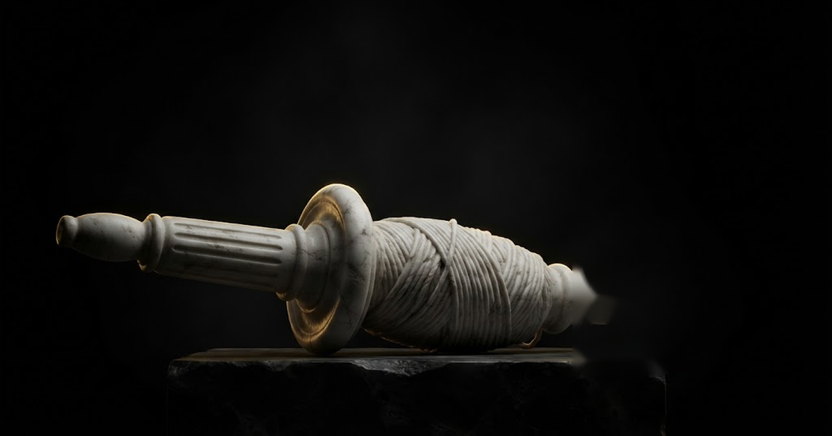 Classical marble scene, Ananke, gold rim light on void black