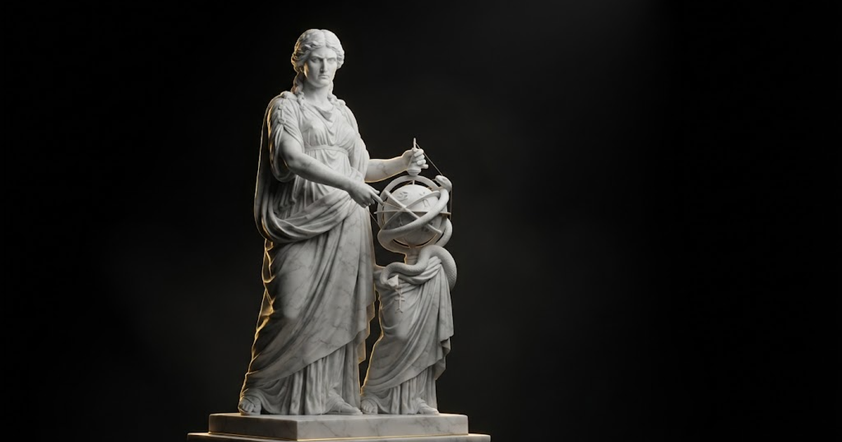 Classical marble scene, Ananke, gold rim light on void black