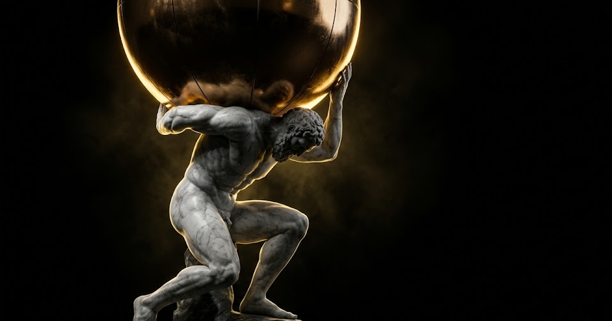 A colossal marble Atlas straining under a vast bronze sphere, lit by a single hard gold rim light against pure black, the weight of the whole stack resting on one figure