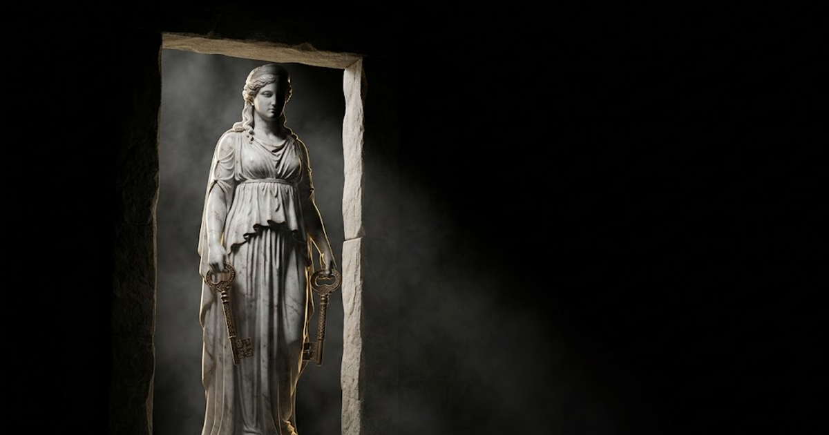 Hecate standing at a threshold holding two keys, carved marble face half in shadow, gold light raking across the keys, deep negative space around her