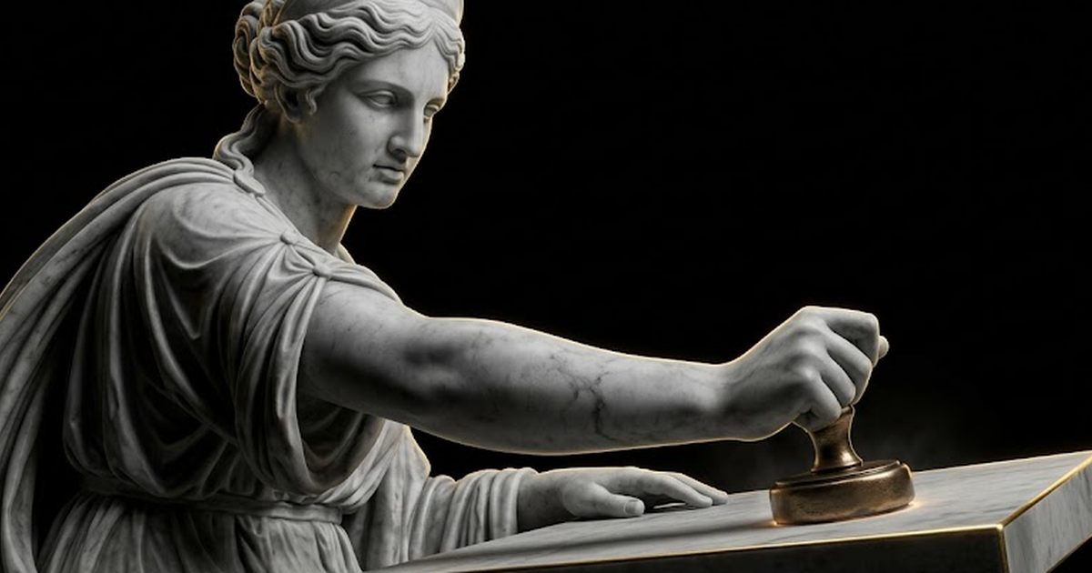 Mnemosyne, goddess of memory, carved in pale marble pressing a seal into a tablet, gold rim light along her arm, sealed record glowing faintly in volumetric haze against void black